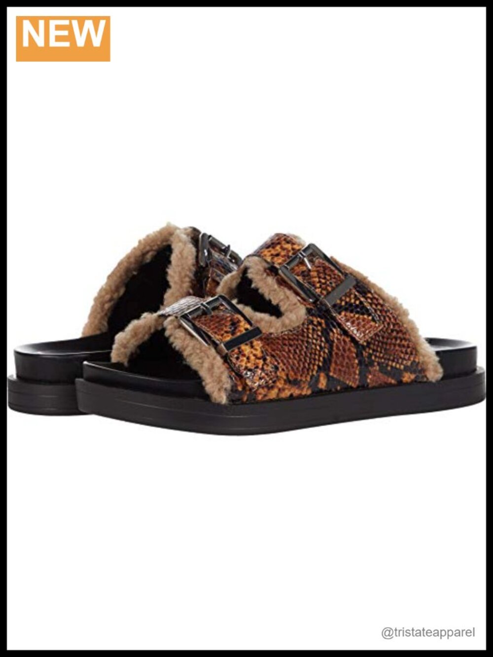 Faux Shearling Lined Platform Slide Sandals with Buckle Ornament